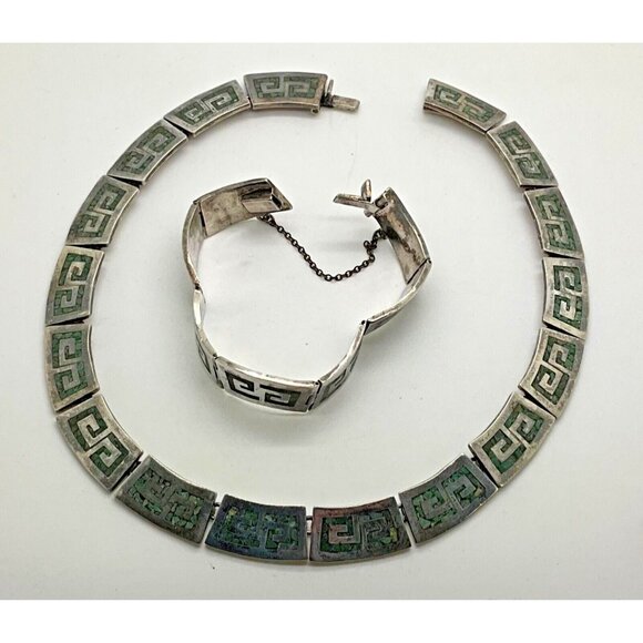 Taxco Sterling Silver Necklace & Bracelet Set  Malachite Chip Inlay Signed - Picture 1 of 8
